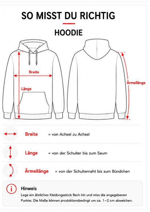 Messanleitung für Hoodies mit Breite, Länge und Ärmellänge.